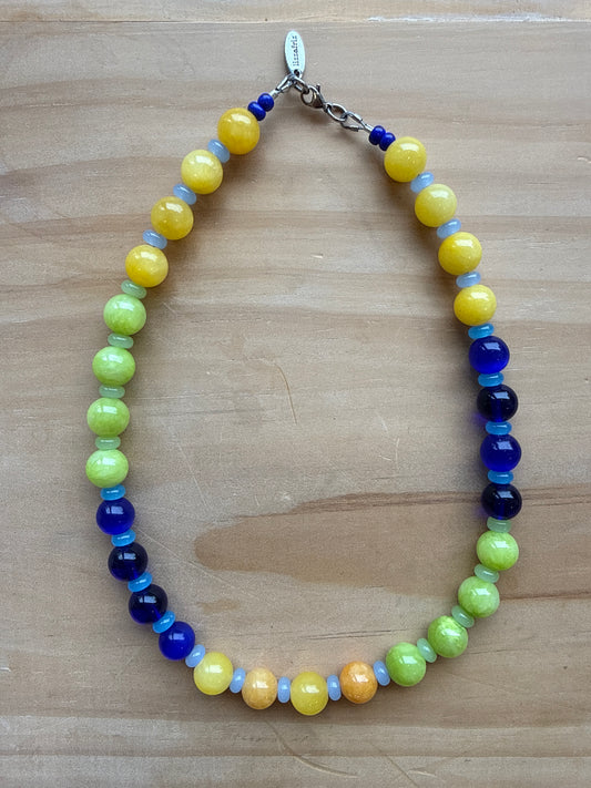 Large Blue, Green and Orange Beaded Necklace