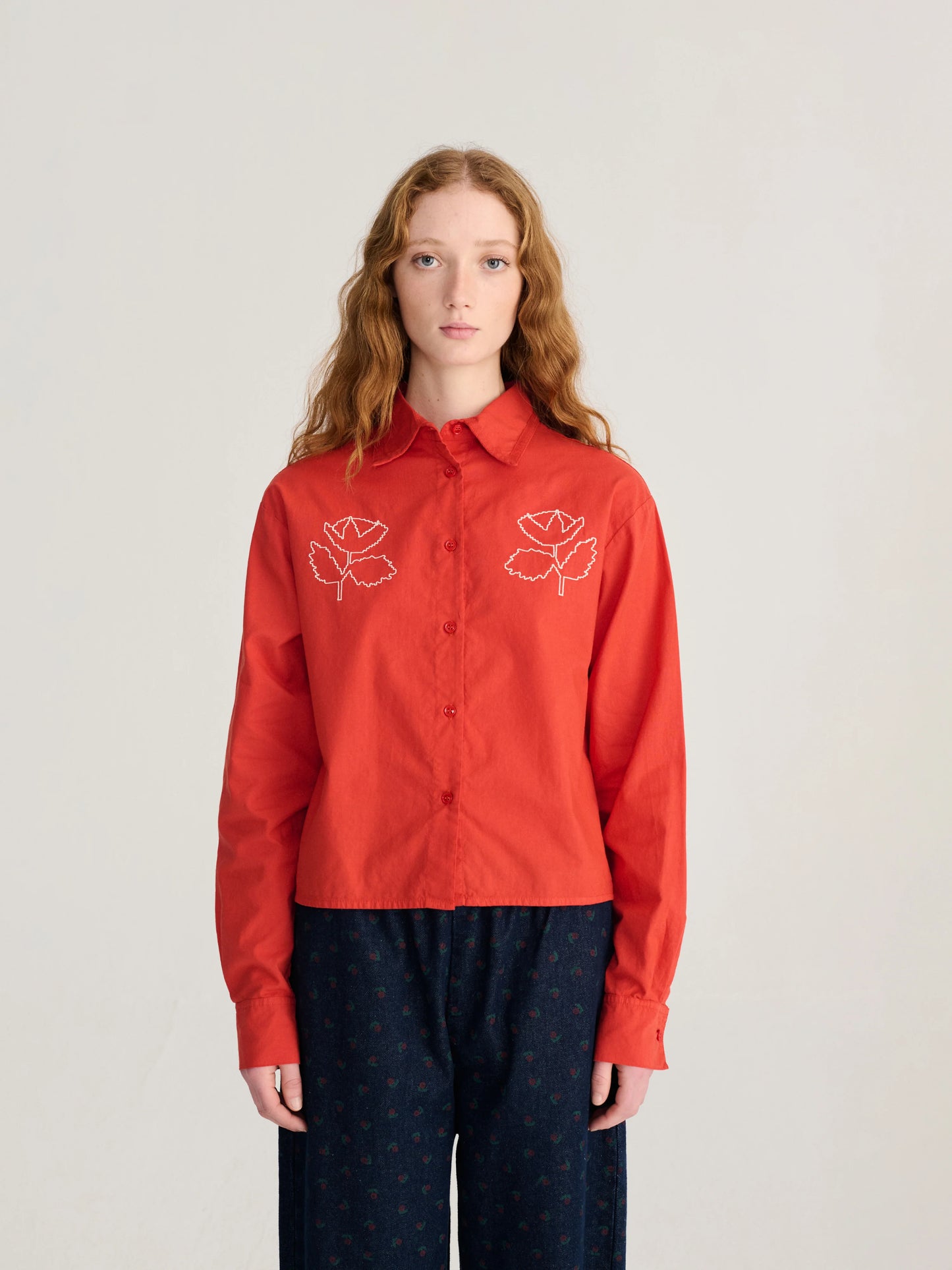 Vibrant Flower embroidery poplin shirt