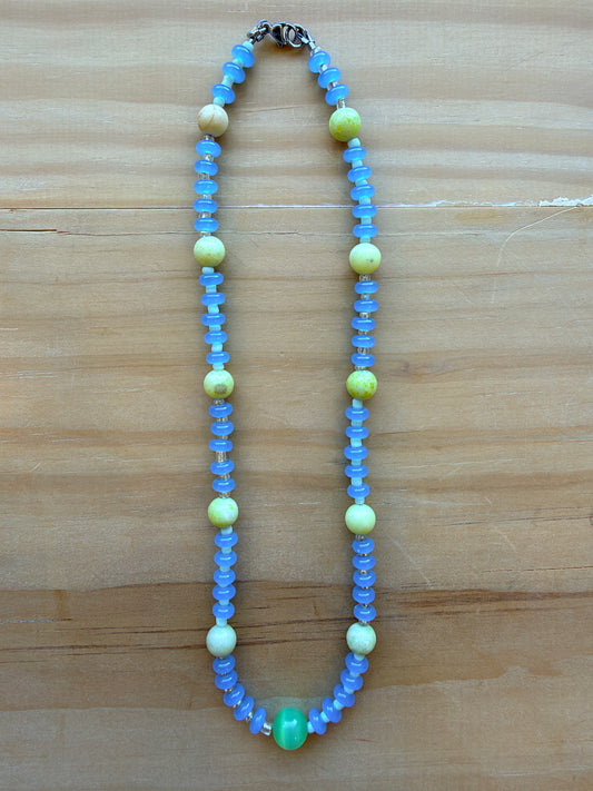 Blue and Lime Small Beaded Necklace