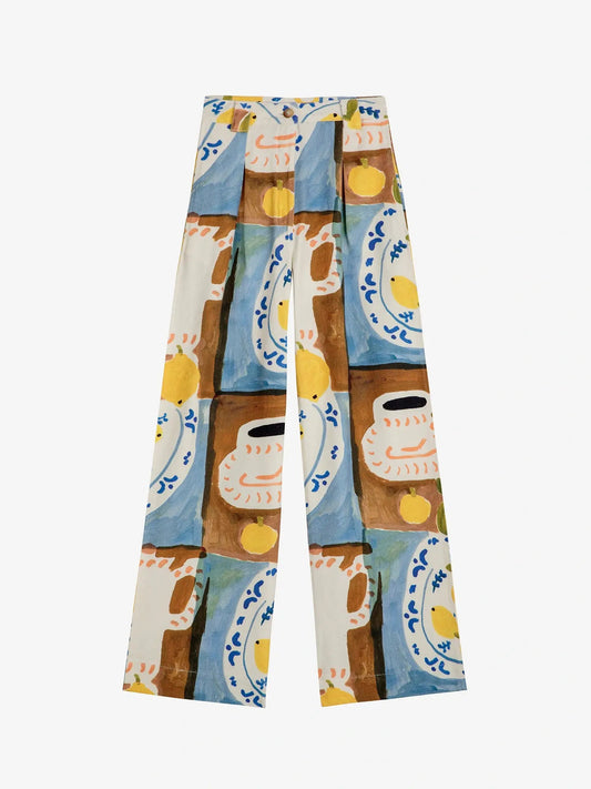 Abstract Tea Time Printed Wide-Leg Pleated Pant