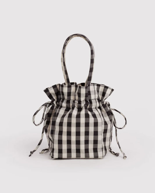 Nylon Drawstring Bag - Black and Cream Gingham